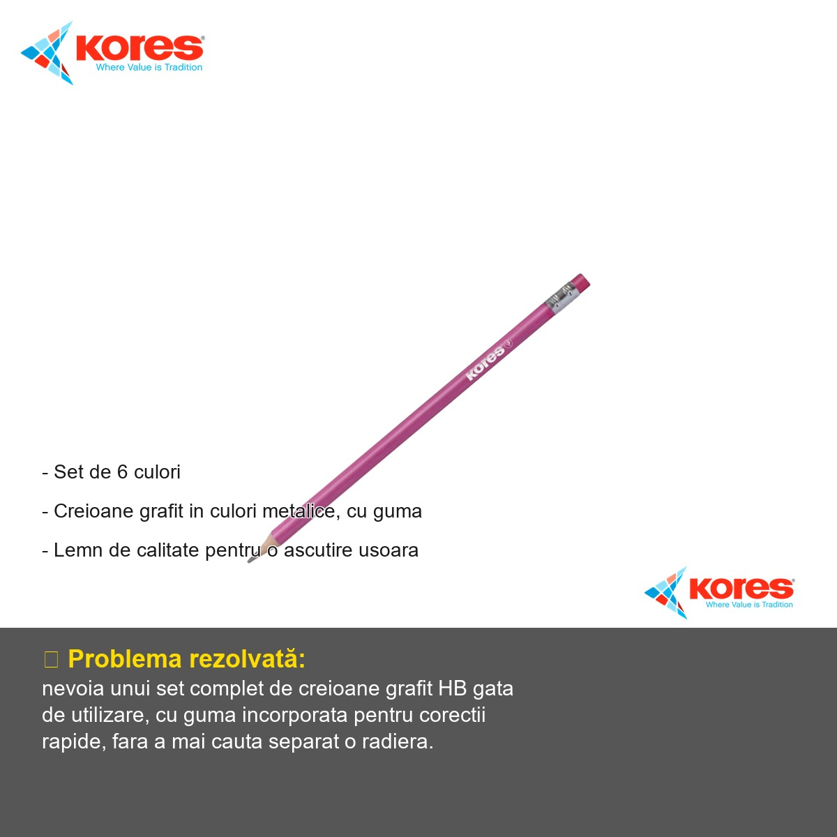 Set 6 creioane grafit Kores, mina HB, corp metalic colorat, cu guma incorporata [2]