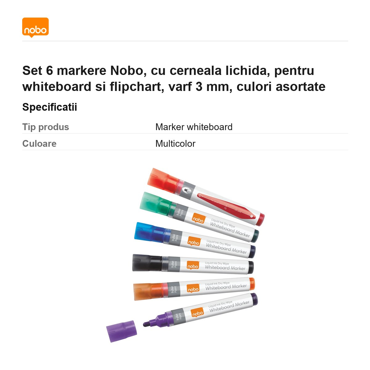 Set 6 markere Nobo, cu cerneala lichida, pentru whiteboard si flipchart, varf 3 mm, culori asortate [3]