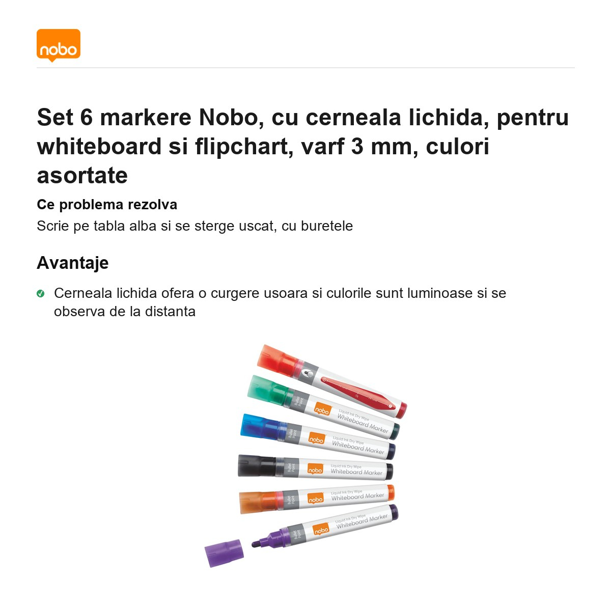 Set 6 markere Nobo, cu cerneala lichida, pentru whiteboard si flipchart, varf 3 mm, culori asortate [2]