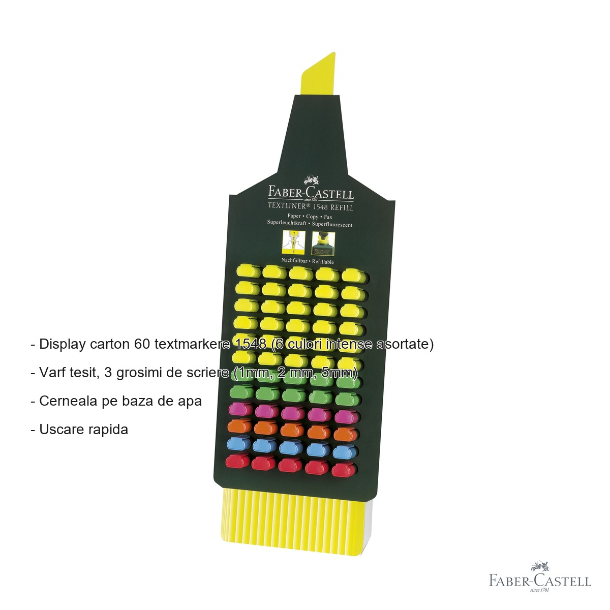 Set 60 textmarkere Faber-Castell 1548, varf tesit, 6 culori intense asortate, cerneala pe baza de apa, display carton [2]