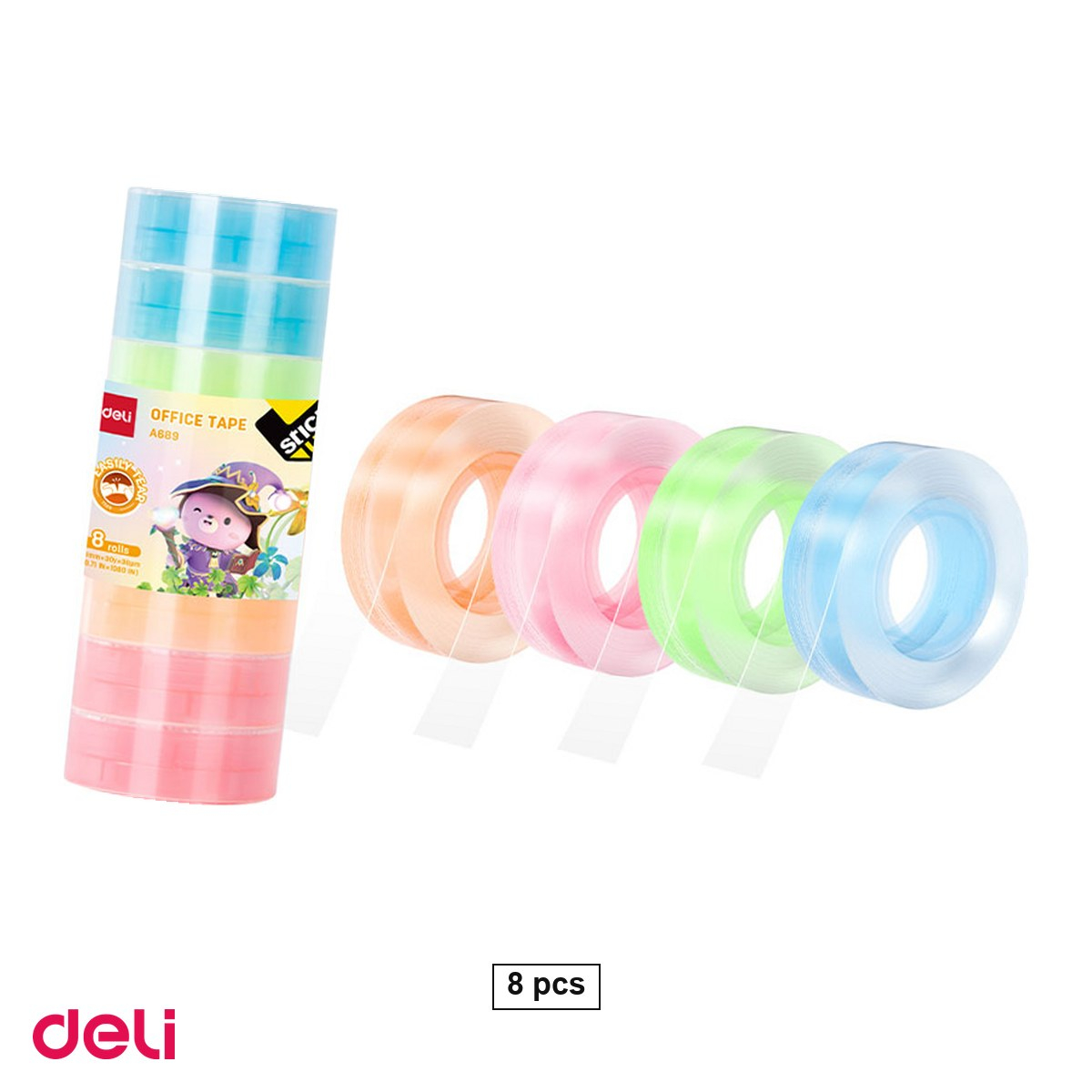 Set 8 role banda adeziva Deli cu cotor colorat 18 mm x 27 m, cotoare in 4 culori, adeziv puternic si rezistent, transparente [1]