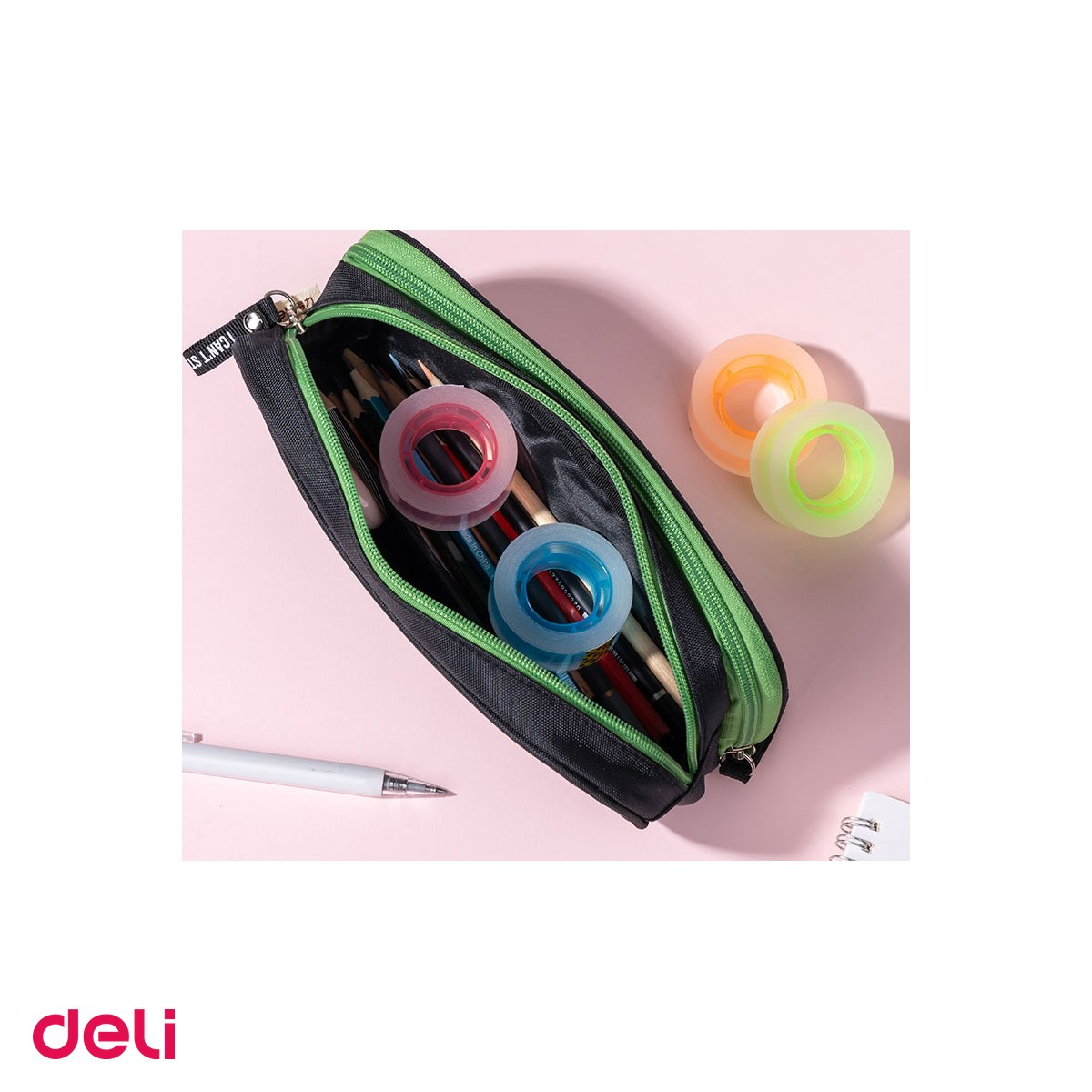 Set 8 role banda adeziva Deli cu cotor colorat 18 mm x 27 m, cotoare in 4 culori, adeziv puternic si rezistent, transparente [5]