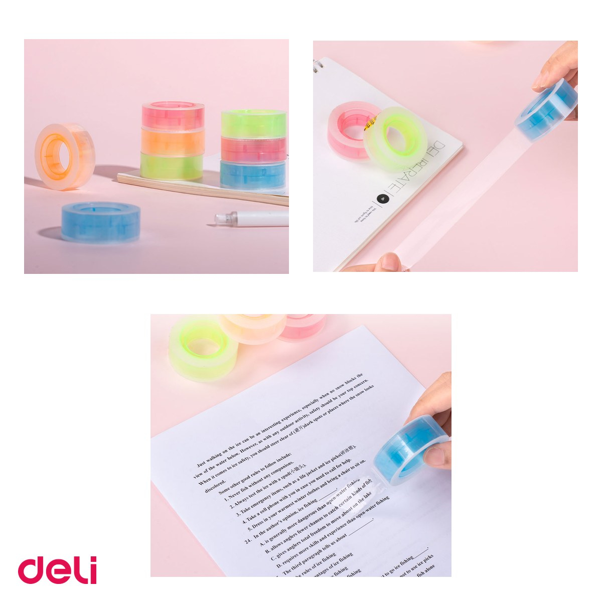 Set 8 role banda adeziva Deli cu cotor colorat 18 mm x 27 m, cotoare in 4 culori, adeziv puternic si rezistent, transparente [4]