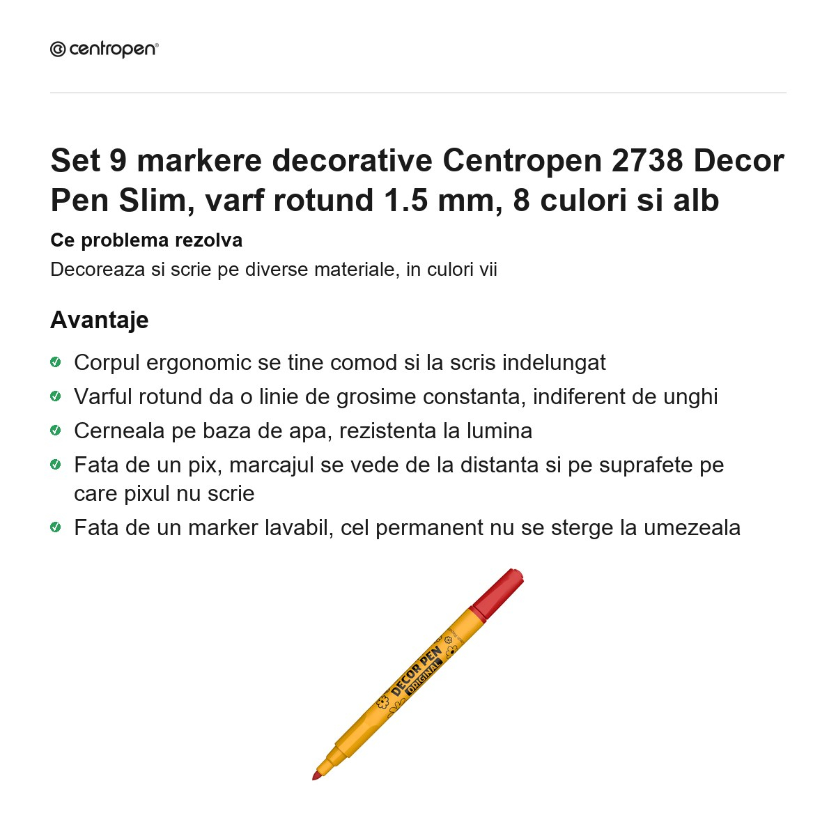 Set 9 markere decorative Centropen 2738 Decor Pen Slim, varf rotund 1.5 mm, 8 culori si alb [2]