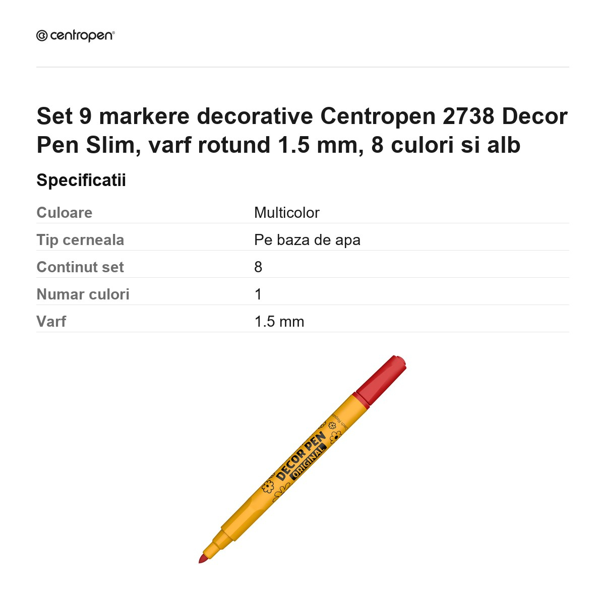 Set 9 markere decorative Centropen 2738 Decor Pen Slim, varf rotund 1.5 mm, 8 culori si alb [3]