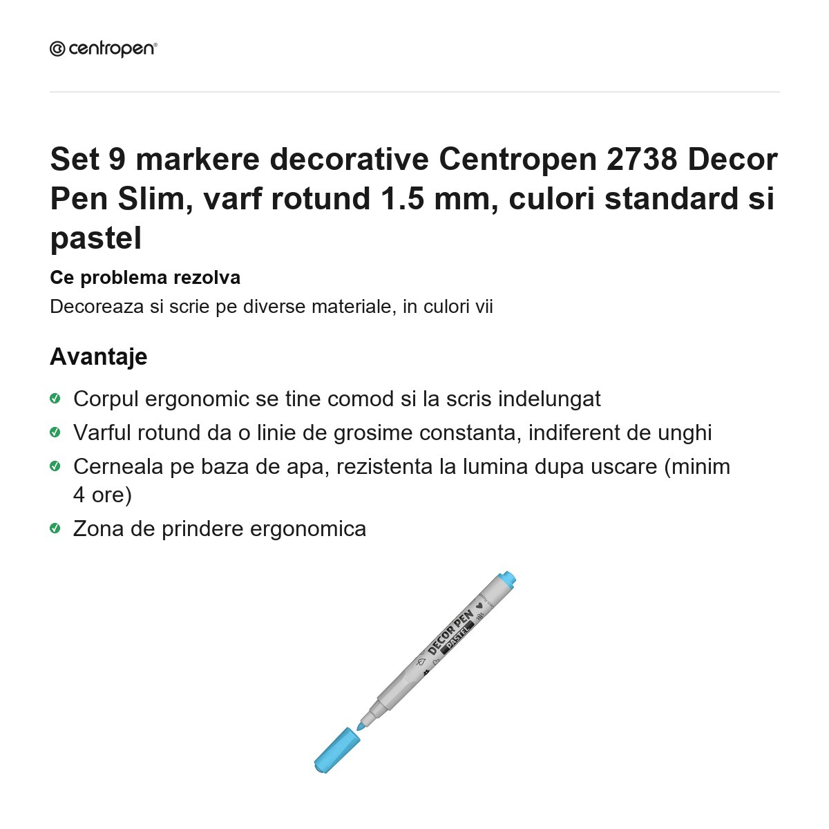 Set 9 markere decorative Centropen 2738 Decor Pen Slim, varf rotund 1.5 mm, culori standard si pastel [2]