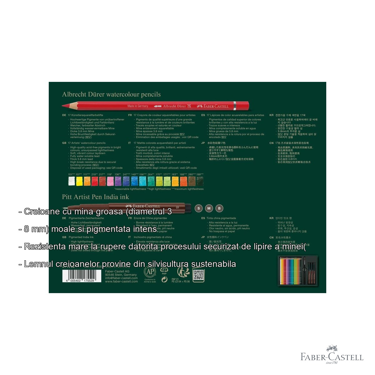 Set cadou creioane colorate acuarela Faber-Castell Albrecht Durer cu markere Pitt si pensula pentru tehnici mixte [2]