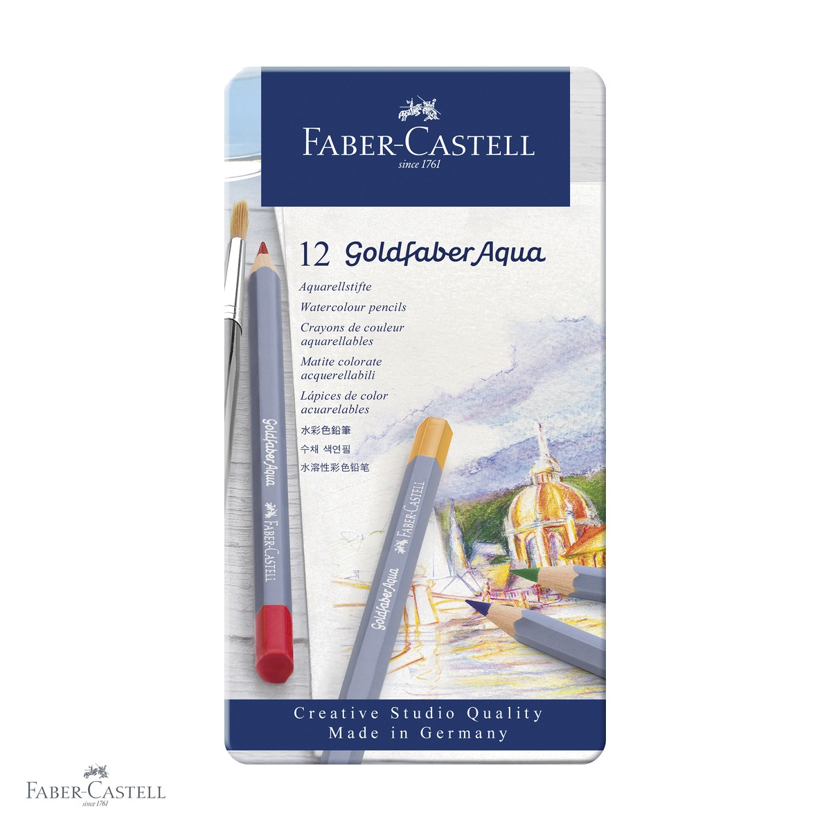 Set creioane colorate acuarela Faber-Castell Goldfaber Aqua, 12 culori, cutie metal, pentru tehnici mixte [1]