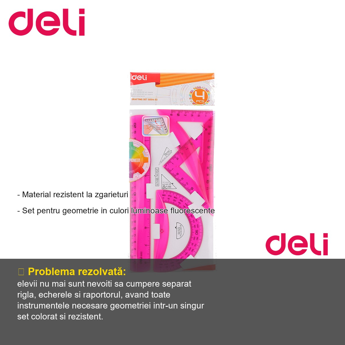 Set geometrie deli 4 piese color fluorescent, rigla, echere si raportor, pentru scoala [2]