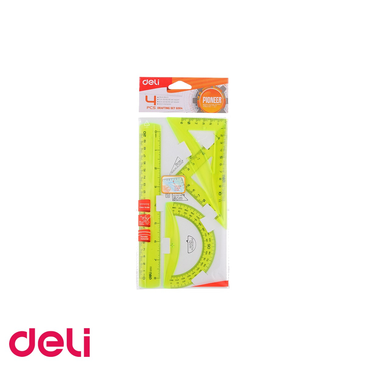 Set geometrie deli 4 piese color fluorescent, rigla, echere si raportor, pentru scoala [1]