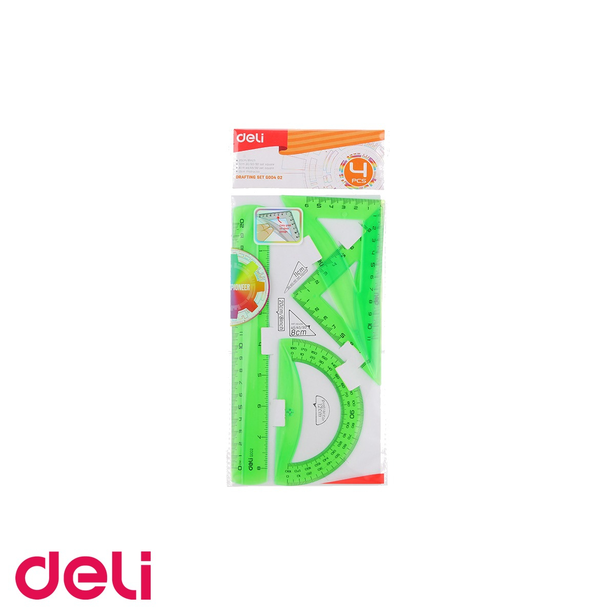 Set geometrie deli 4 piese color fluorescent, rigla, echere si raportor, pentru scoala [4]