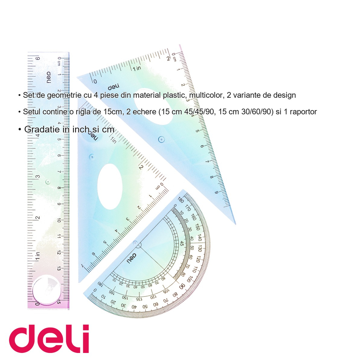 Set geometrie Deli 4 piese multicolor, rigla 15cm, echere si raportor, pentru scoala [3]