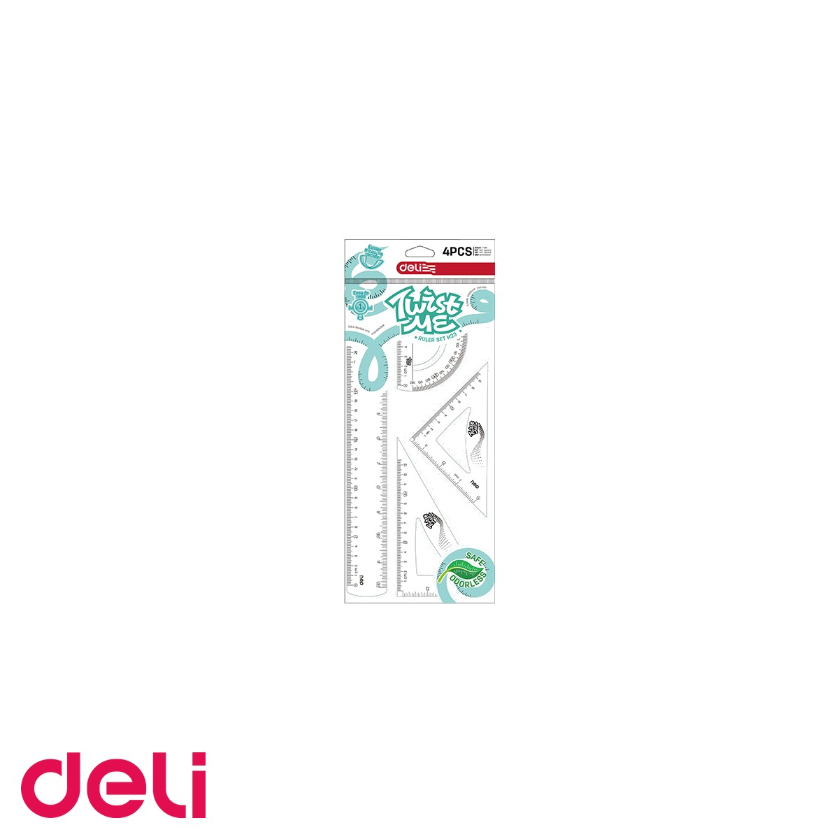 Set geometrie Deli Twist Me Color 4 piese flexibile, rigla 30 cm, echere si raportor, pentru scoala [1]
