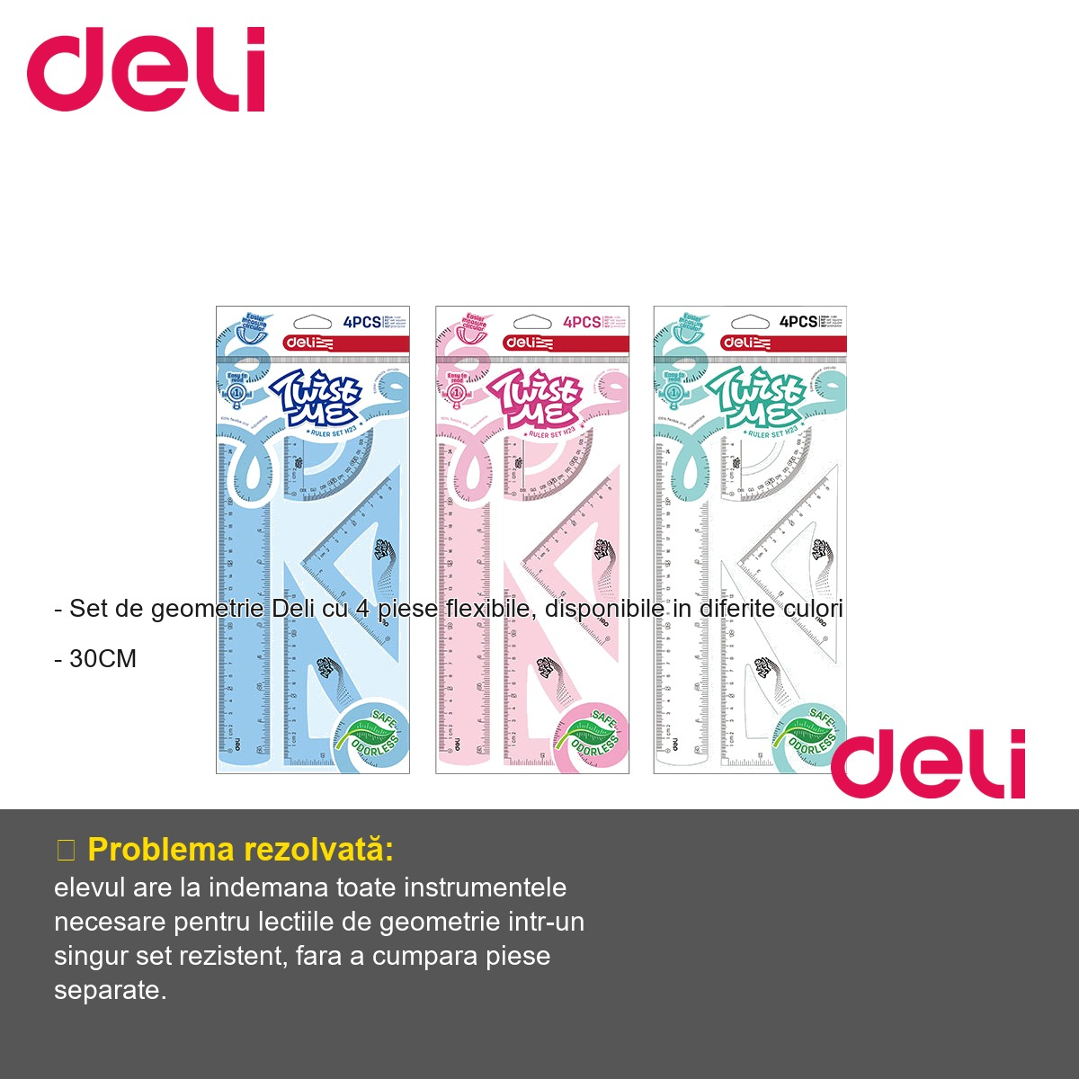 Set geometrie Deli Twist Me Color 4 piese flexibile, rigla 30 cm, echere si raportor, pentru scoala [2]
