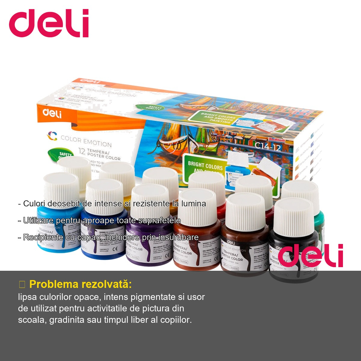 Set guase 12 culori 25ml Deli Color Emotion, culori opace intens pigmentate, pentru scoala si timp liber [2]