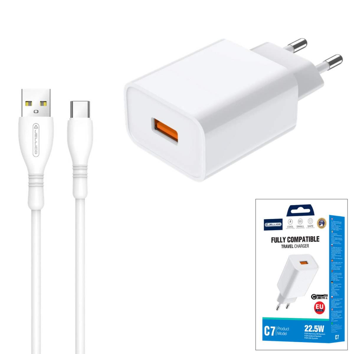 Set incarcator retea QC 3.0 22.5W cu port USB si cablu 1m cu conectori USB la USB-C, Jellico C7, in blister, alb [3]