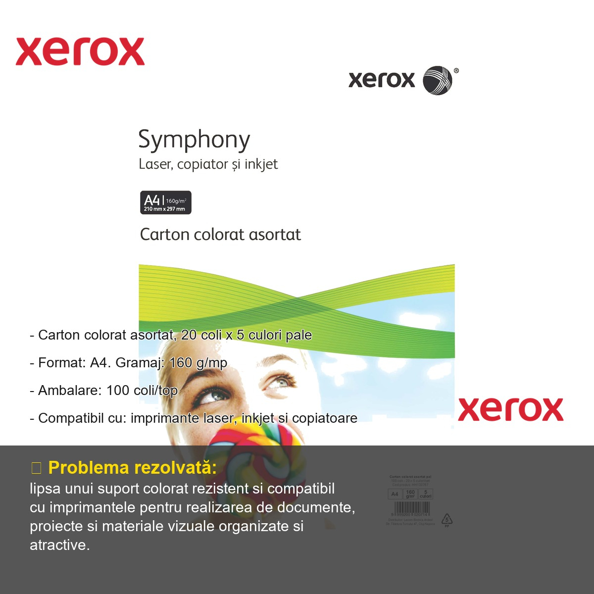 Top carton colorat Xerox, format A4, 160 g/mp, 100 coli asortate in 5 culori pale, compatibil laser, inkjet si copiatoare [2]