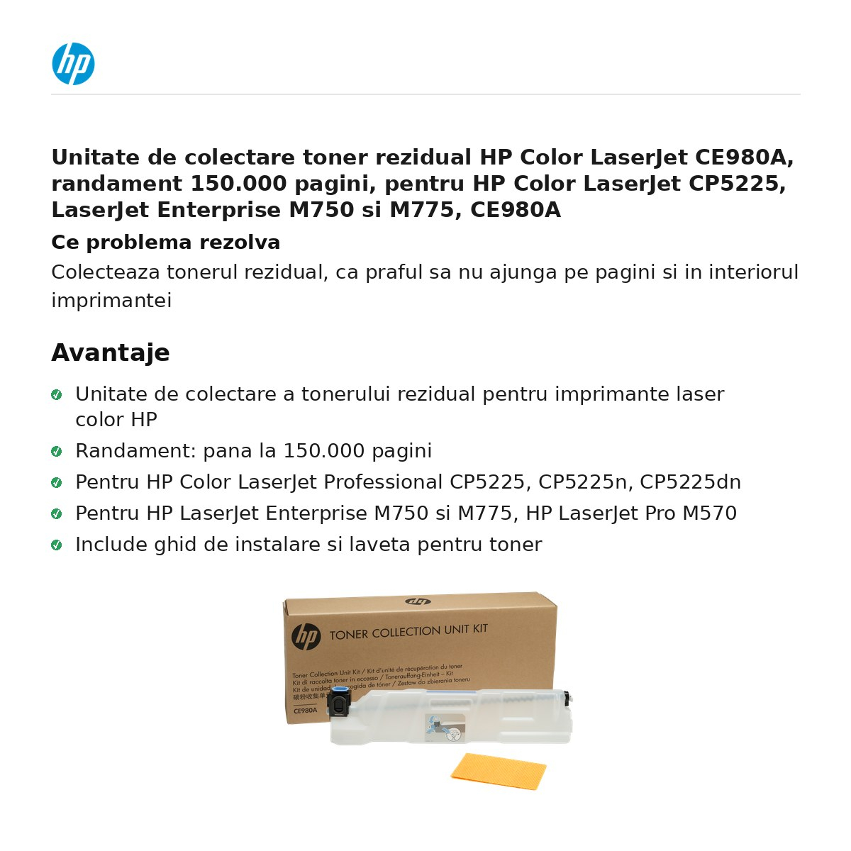 Unitate de colectare toner rezidual HP Color LaserJet CE980A, randament 150.000 pagini, pentru HP Color LaserJet CP5225, LaserJet Enterprise M750 si M775, CE980A [2]