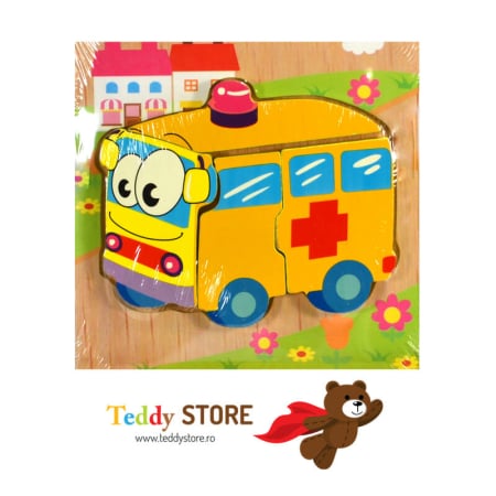 Puzzle-uri - Puzzle 3D din lemn Ambulanță – Joc educativ pentru copii, perfect pentru dezvoltarea imaginației