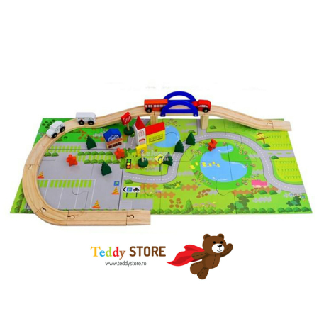 Jocuri - Circuit din Lemn cu Mașinuțe și Peisaj - Jucărie Educațională cu 40 de Piese pentru Copii
