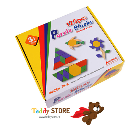 Jocuri - Joc educativ Tangram 125 de Piese - Puzzle Geometric din Lemn pentru Copii
