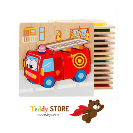 Puzzle-uri - Puzzle 3D din lemn Mașina de pompieri – Joc educativ pentru copii, perfect pentru dezvoltarea creativității
