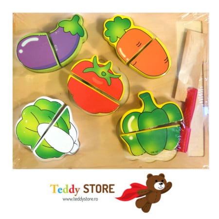 Puzzle-uri - Puzzle din lemn cu 5 legume de tăiat și cuțit – Joc educativ pentru dezvoltarea abilităților motorii fine