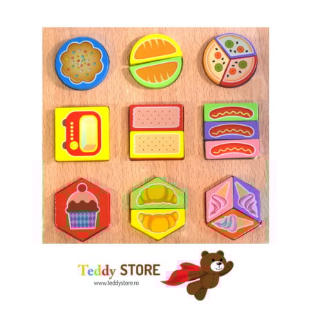 Puzzle-uri - Puzzle din lemn Montessori „Food” – Învață despre alimente, joc educativ pentru copii