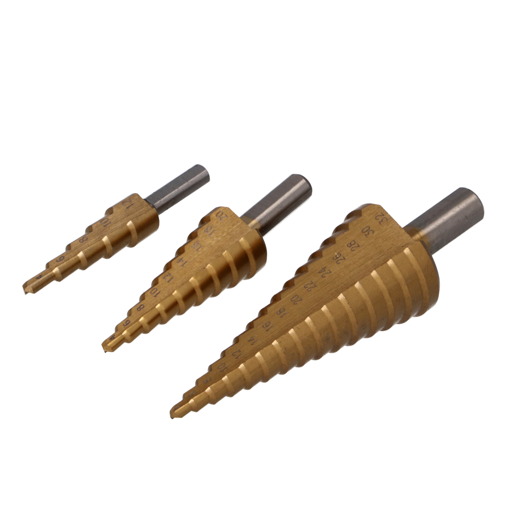Set 3 burghie in trepte pentru metal HSS Titanizat 4-12 mm; 4-20 mm; 4-32 mm;​​​​​​​ Faster Tools [1]