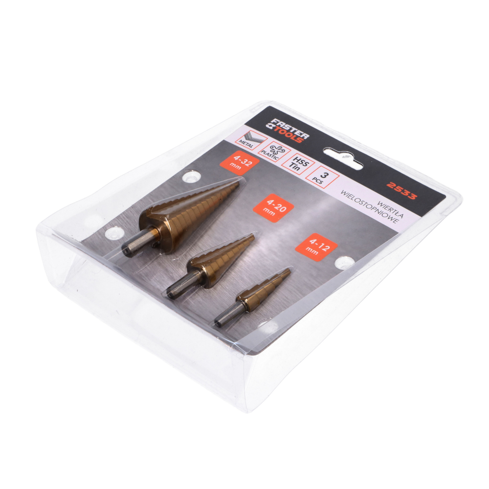 Set 3 burghie in trepte pentru metal HSS Titanizat 4-12 mm; 4-20 mm; 4-32 mm;​​​​​​​ Faster Tools [3]