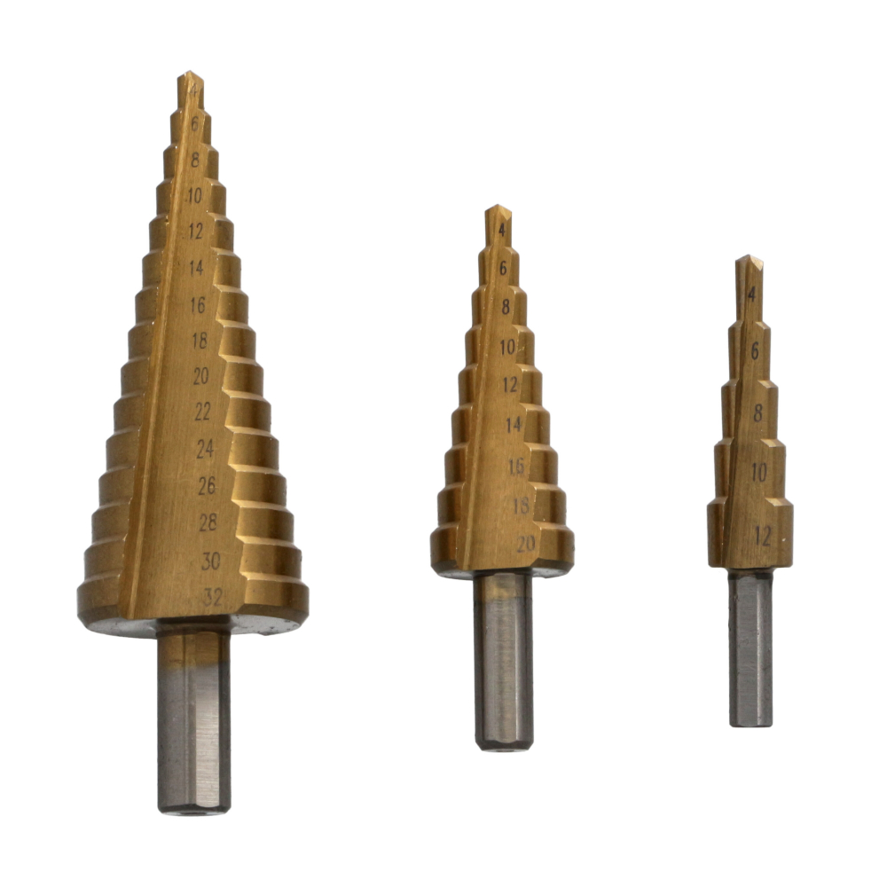 Set 3 burghie in trepte pentru metal HSS Titanizat 4-12 mm; 4-20 mm; 4-32 mm;​​​​​​​ Faster Tools [2]