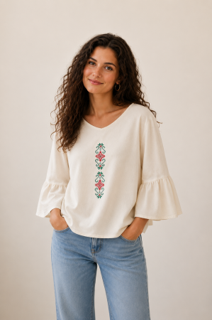 Bluze - Bluză bumbac 100% cu broderie etno - lejeritate și simplitate