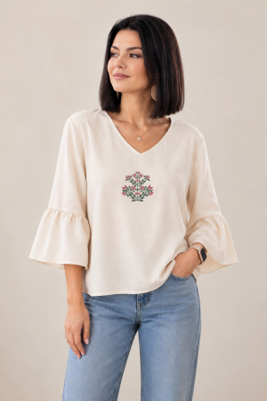 Bloom - Bluză Bloom din bumbac și in cu broderie de inspirație tradițională - Rod de soi