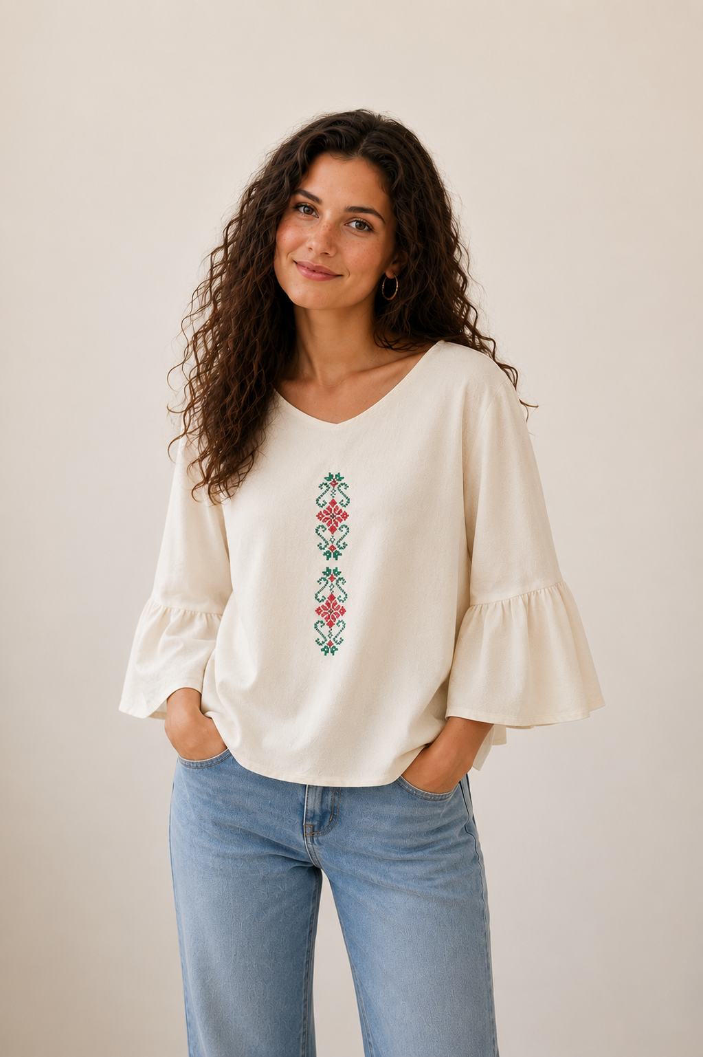Bluza Bloom din bumbac cu broderie inspiratie etno , Coloana Zori