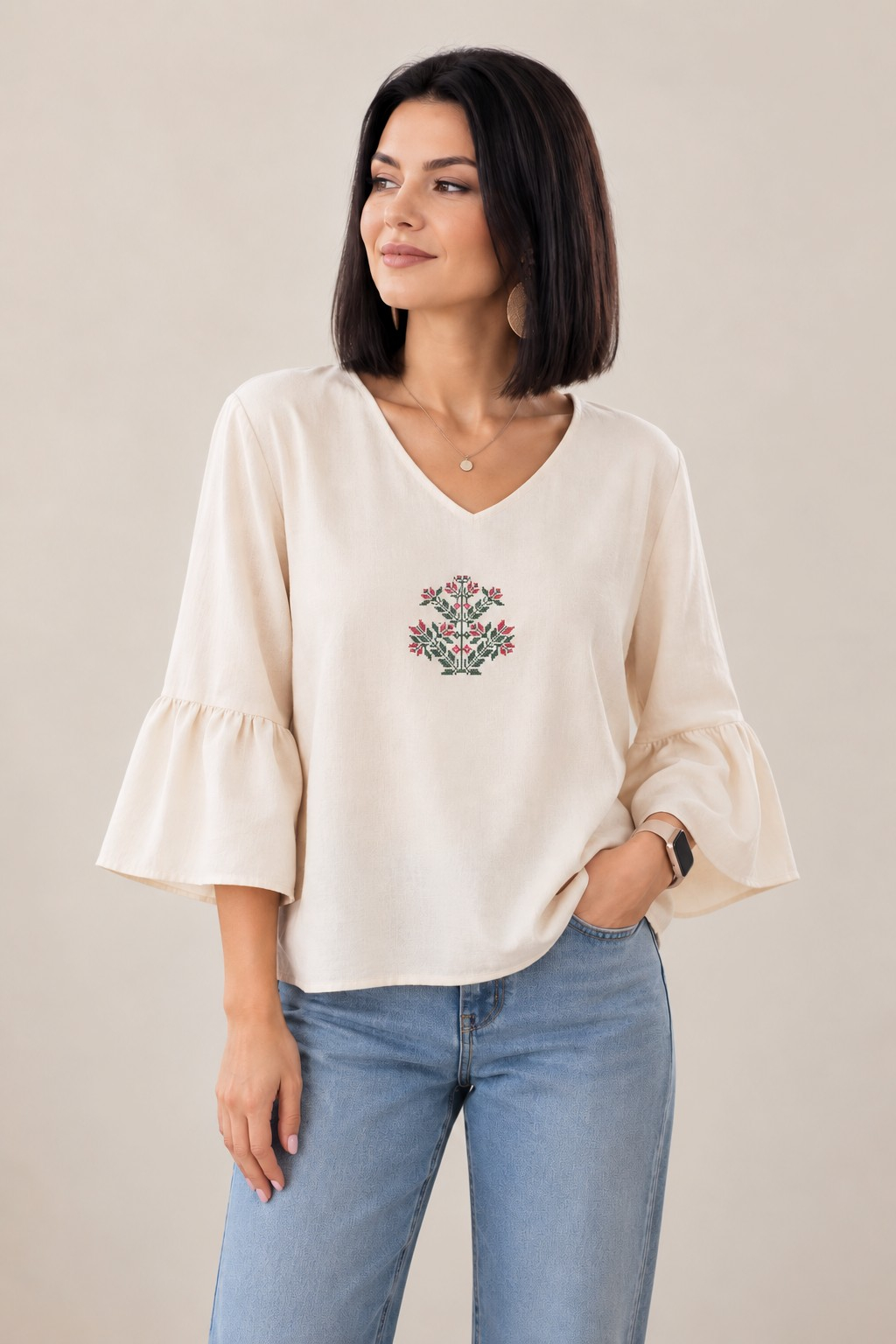 Bluză Bloom din bumbac și in cu broderie de inspirație tradițională - Rod de soi S