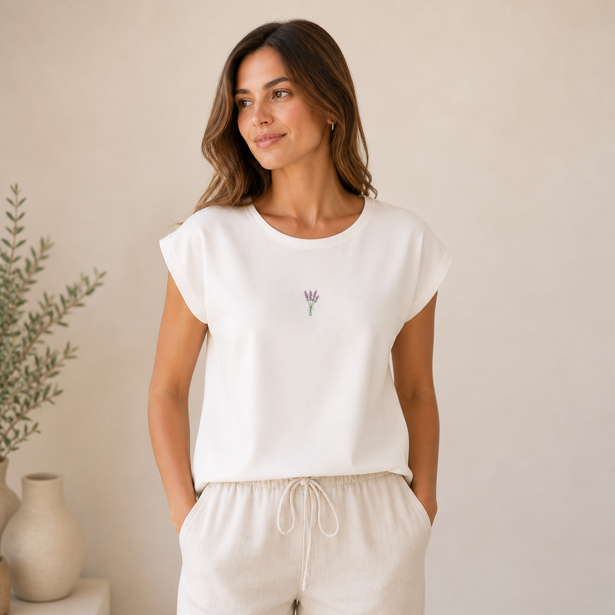 Bluza din bumbac cu broderie florala - Lavanda, M