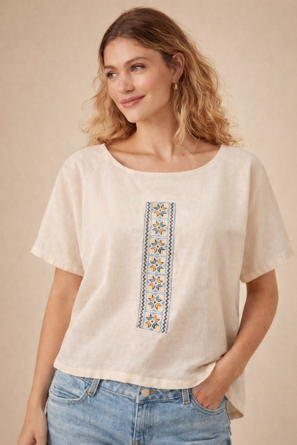 Bluza din bumbac cu broderie inspiratie etno - Caru  mare , M