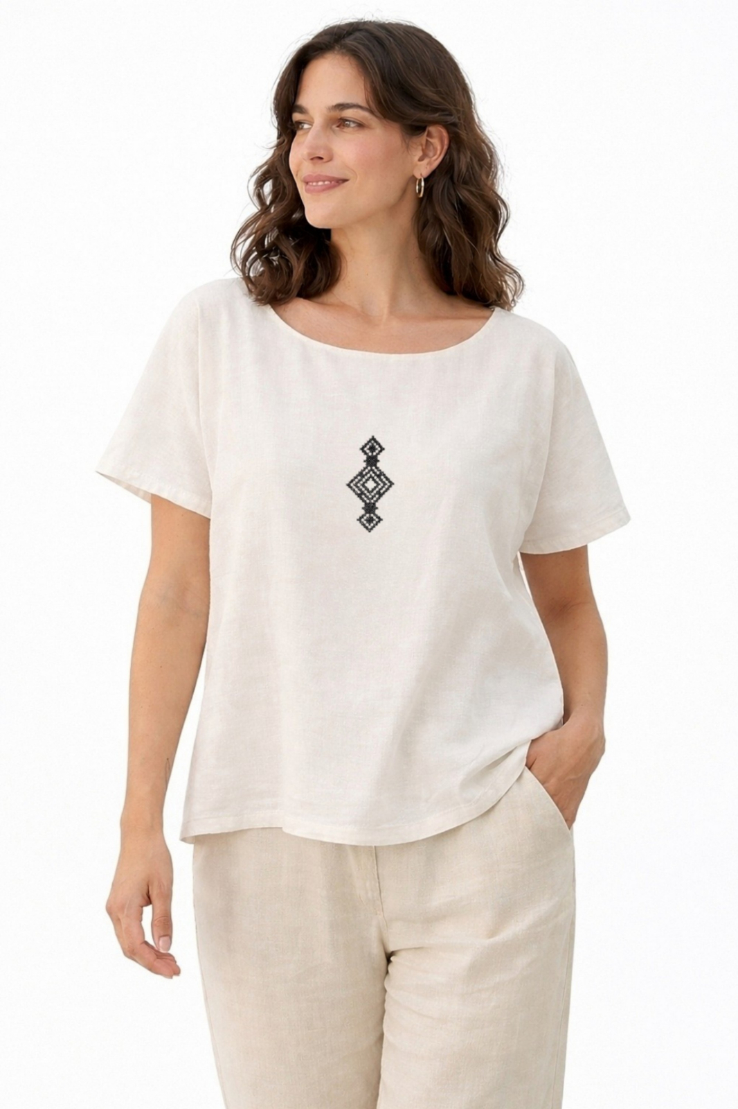 Bluza din bumbac cu broderie inspiratie etno - Colb marunt, M