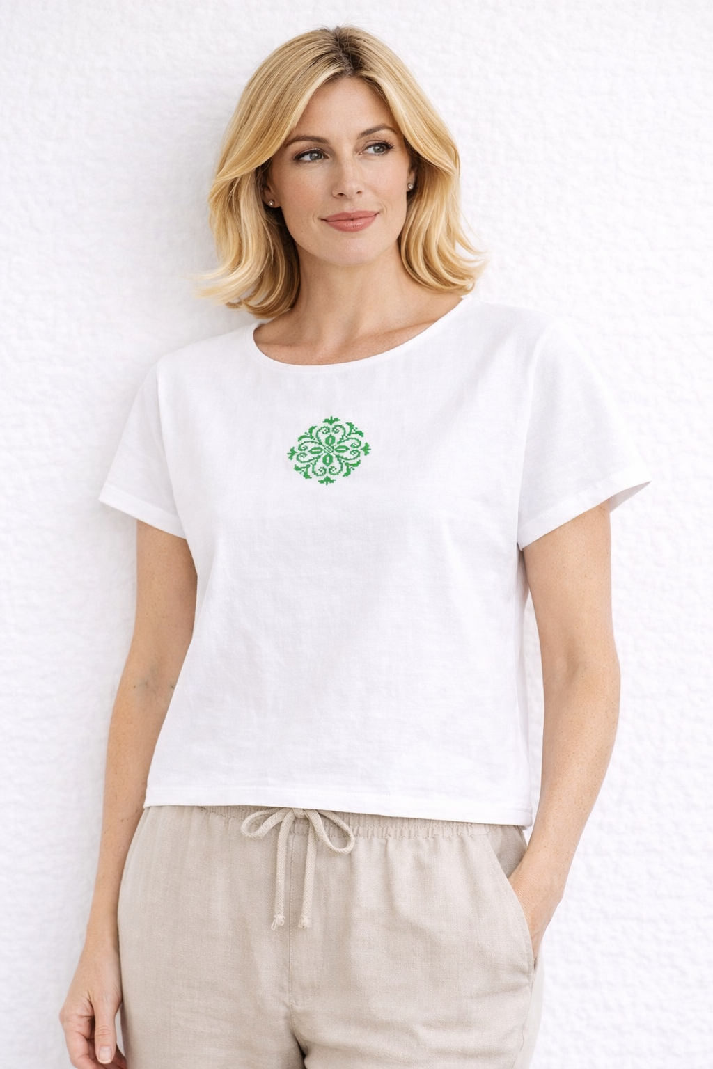 Bluza din bumbac cu broderie inspiratie etno - Moara valurita, L Verde