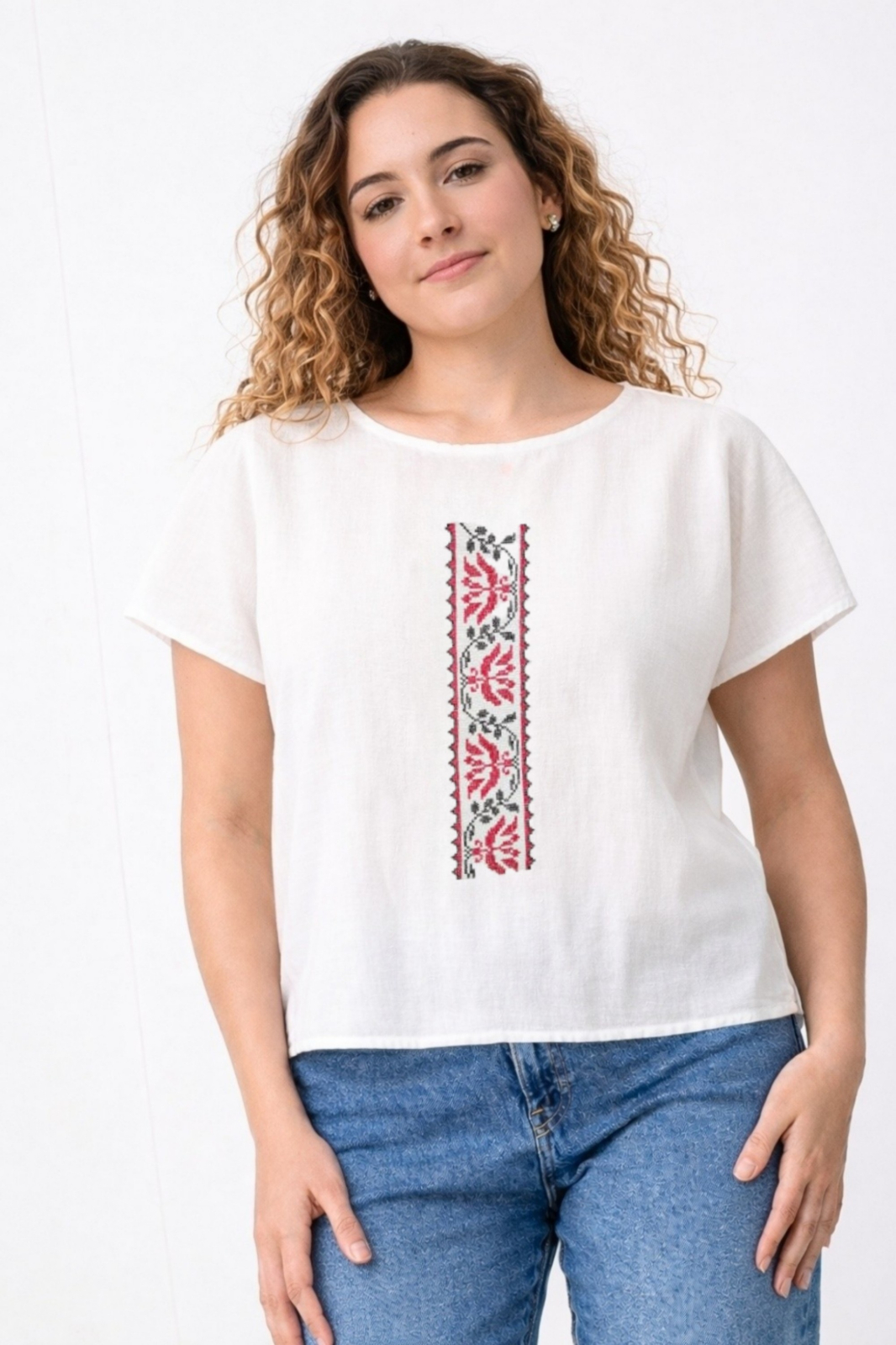 Bluza din bumbac cu broderie inspiratie etno - Vals trandafiri, M
