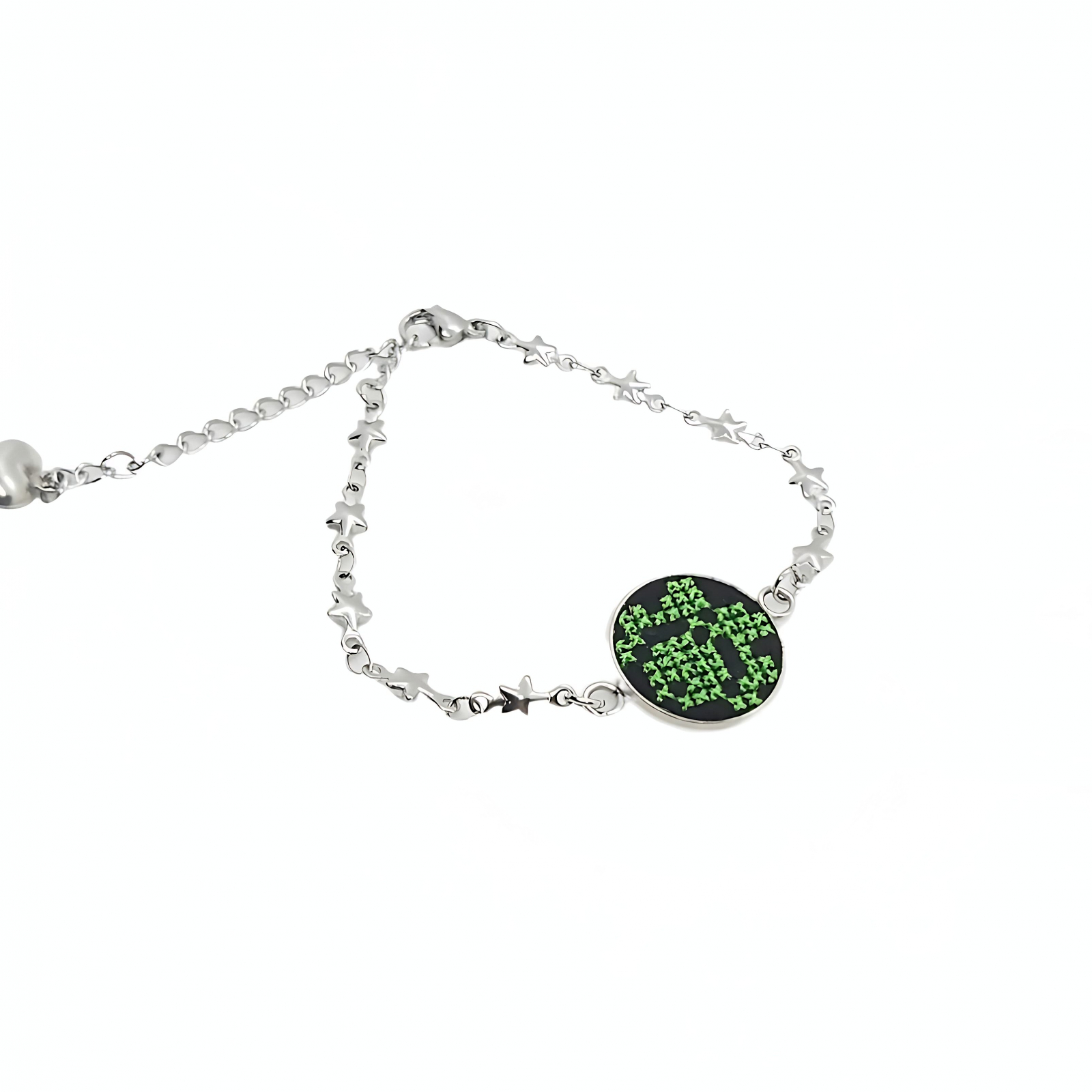 Bratara din inox cu broderie traditionala si lant inox Verde