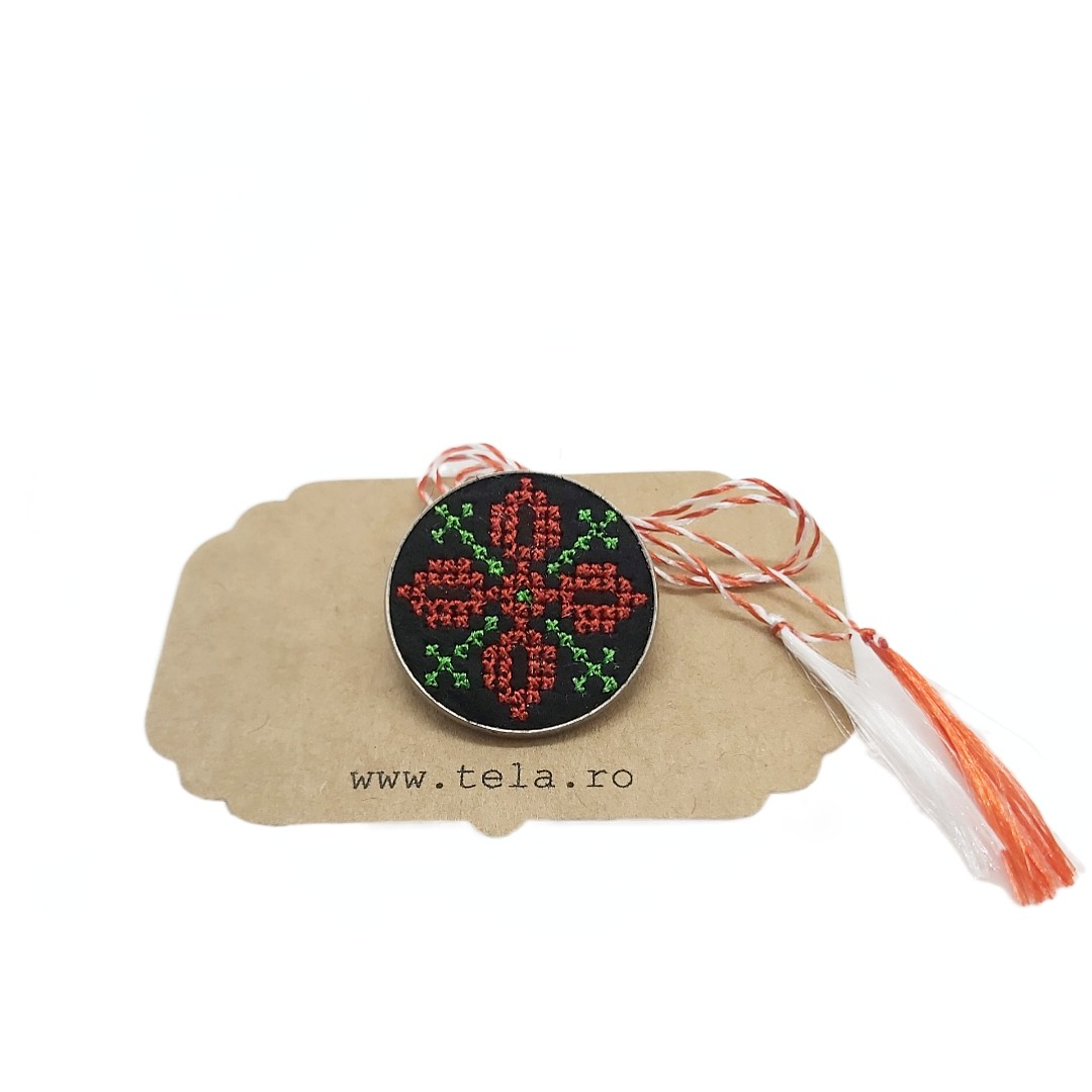 Brosa de inox cu broderie traditionala Rosu