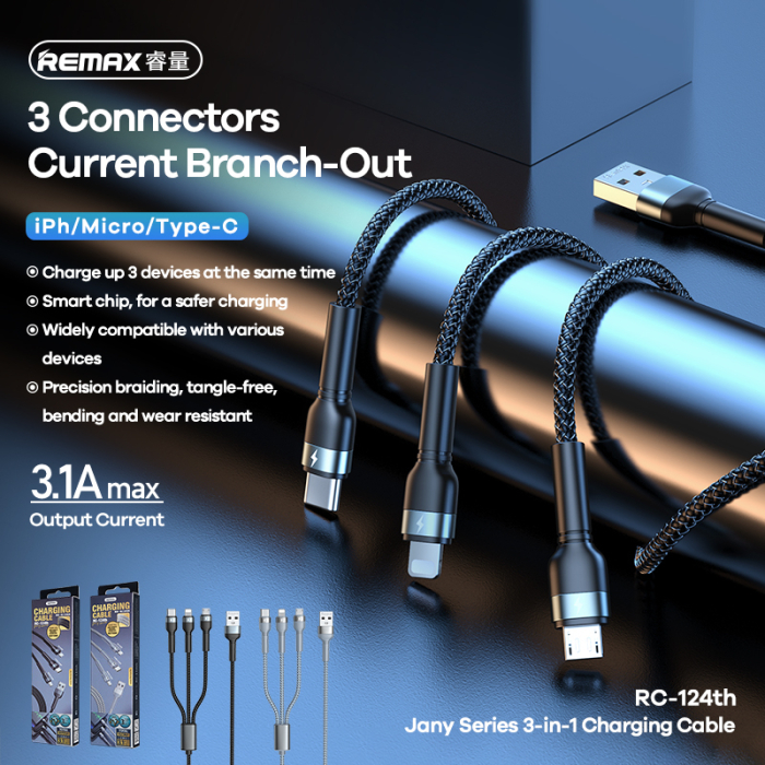 Cablu 3 in 1 ReMax RC-124  - USB to Type C, Lightning, Micro USB - 3.1A, 1.2 metri, negru [2]