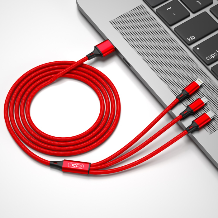 Cablu 3in1 USB - Lightning + USB-C + microUSB 1,2 m 2,4A red NB173 [3]