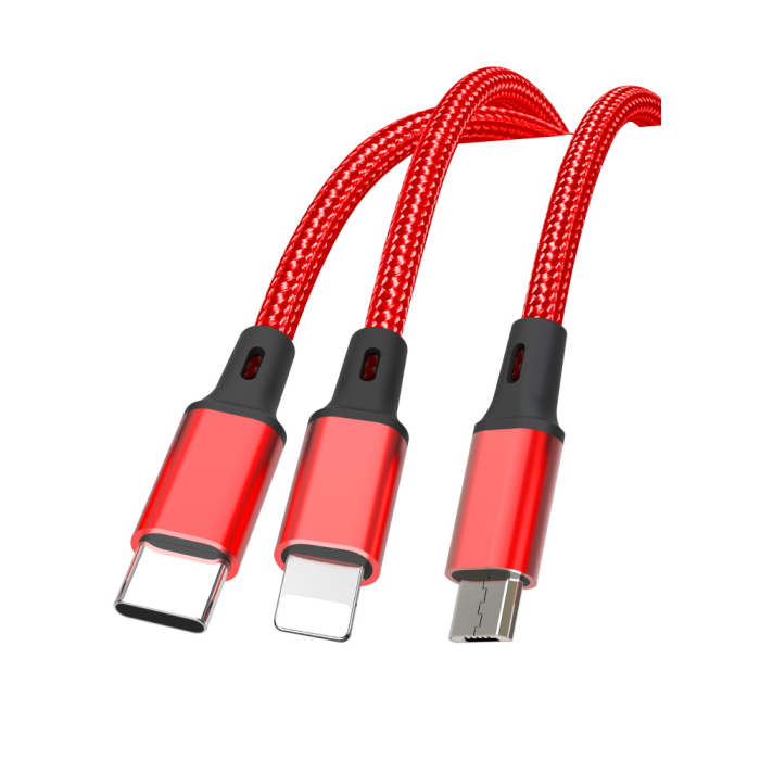 Cablu 3in1 USB - Lightning + USB-C + microUSB 1,2 m 2,4A red NB173 [2]
