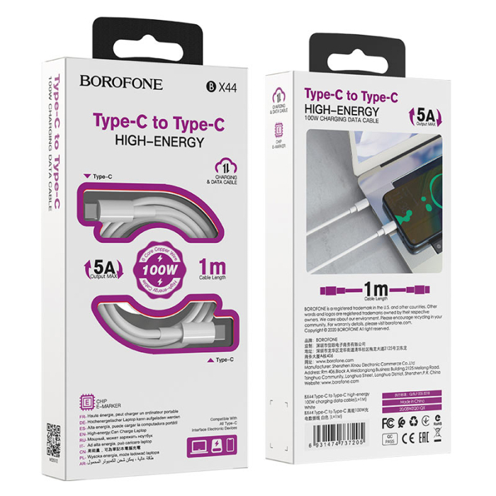 Cablu Borofone BX44 100W 1 m Type-C / Type-C alb [1]