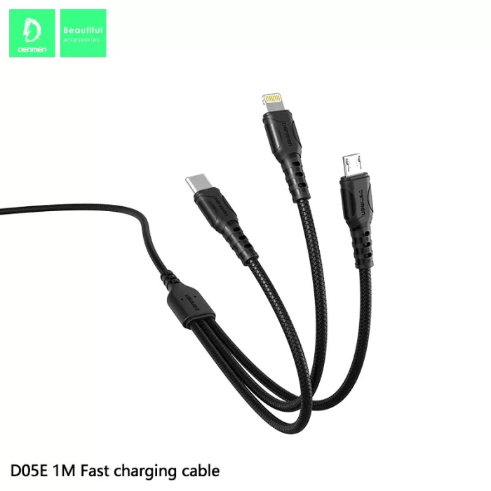 Cablu USB 3IN1 Denmen negru 1M D05E, 2.4A, 1m, fast charging [4]