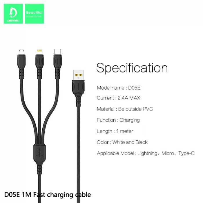 Cablu USB 3IN1 Denmen negru 1M D05E, 2.4A, 1m, fast charging [3]