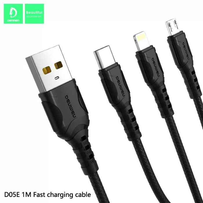 Cablu USB 3IN1 Denmen negru 1M D05E, 2.4A, 1m, fast charging [2]