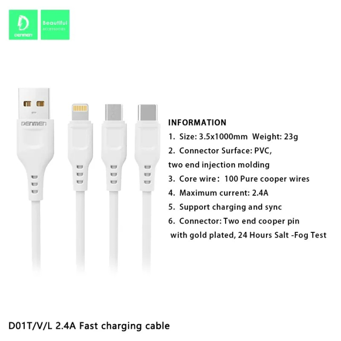 Cablu USB MICRO Denmen alb 1m D01V [2]